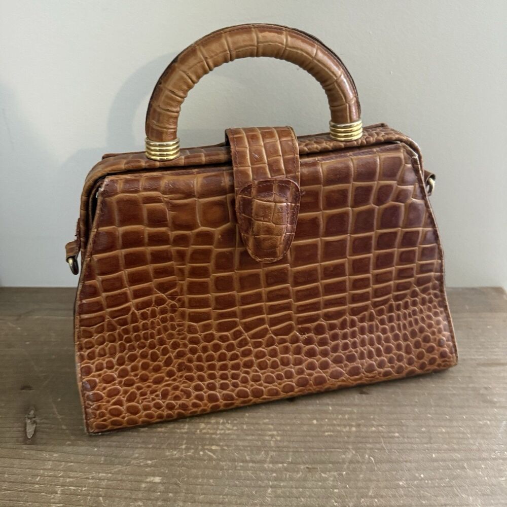 Vintage 1950s 1960s Cognac Brown Alligator Crocodile Leather Top Handle Handbag
